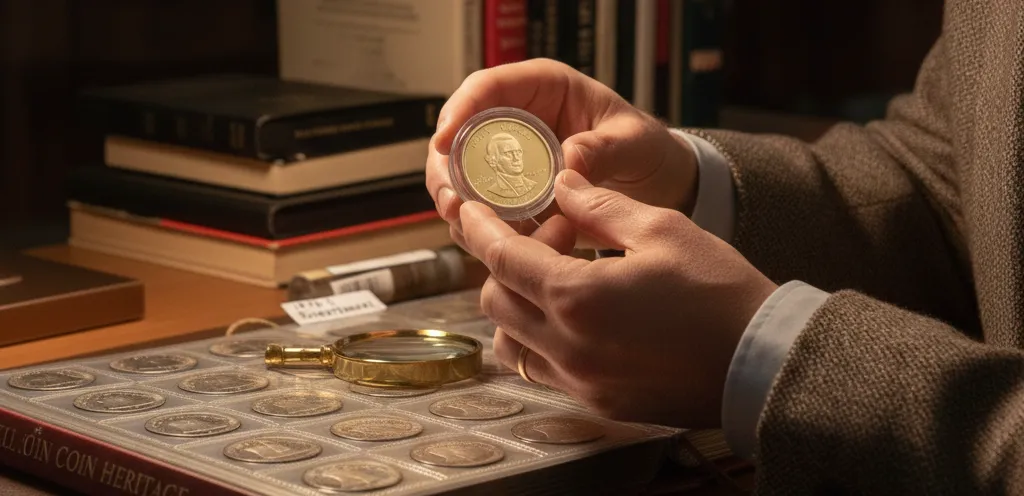 Collector placing a John Adams dollar coin into a protective case