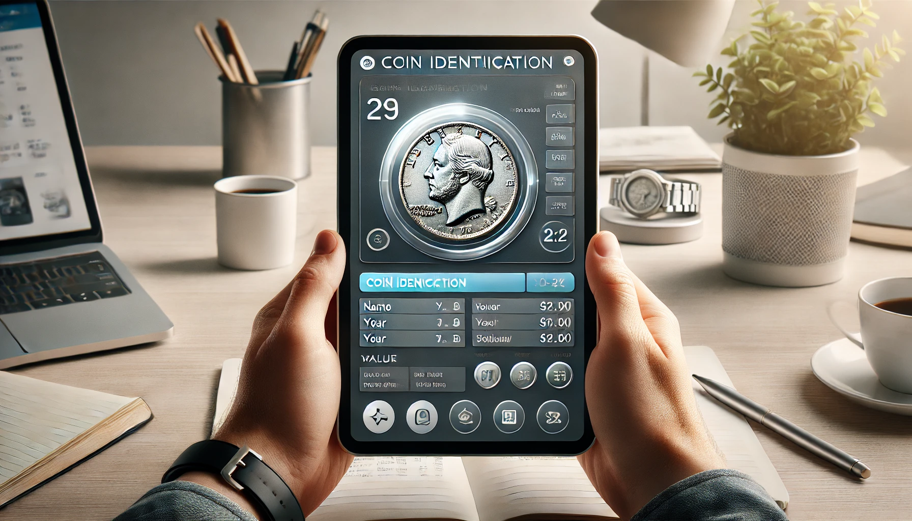 a tablet screen displaying a coin identification app interface. The app shows an image of a coin along with blurred details like name, year, value, and historical information.