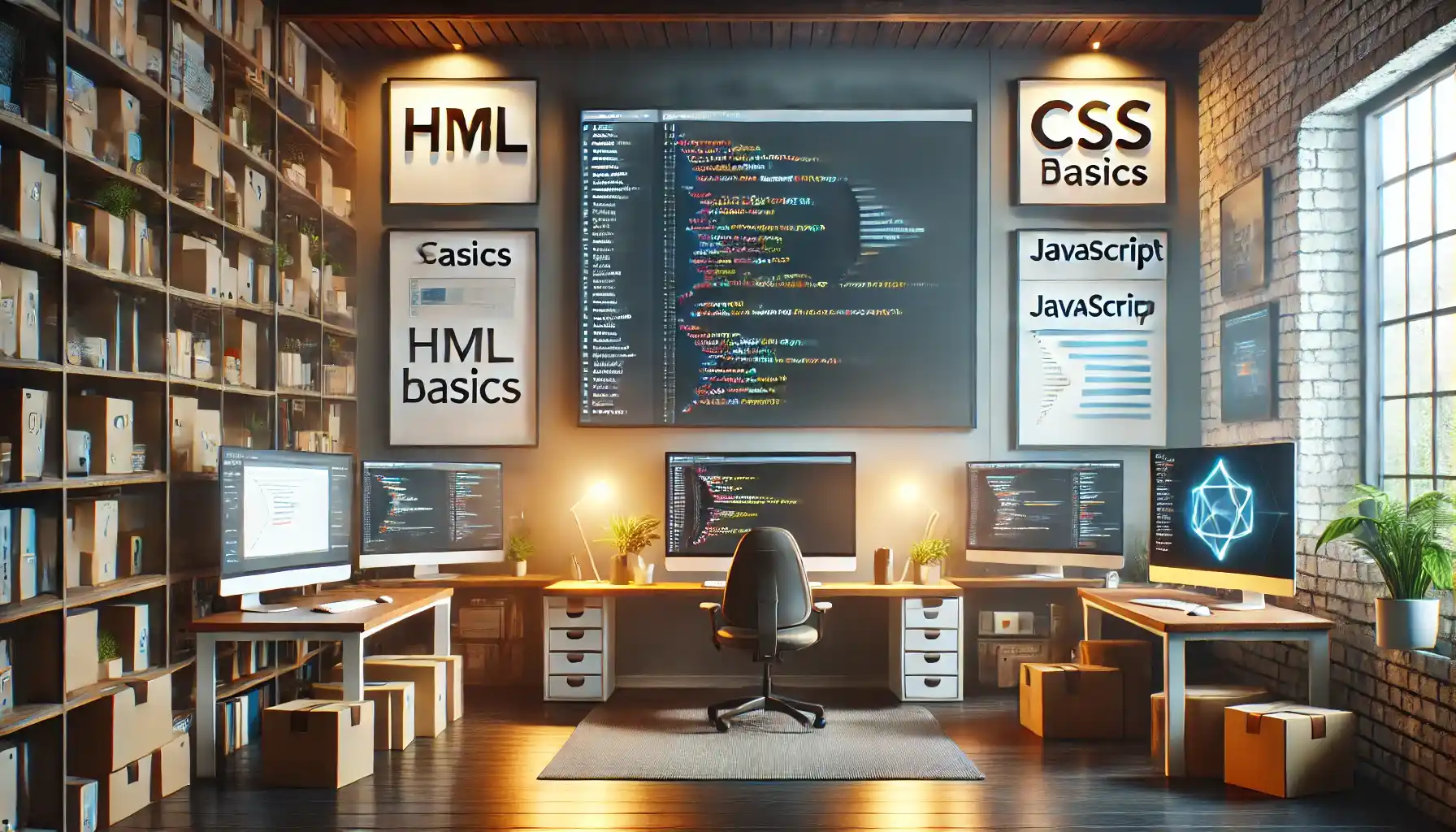 a beginner-friendly web development workspace, with screens displaying HTML, CSS, and JavaScript code in a well-lit, organized setup.