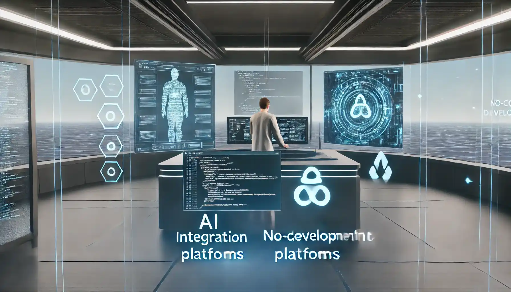 a futuristic coding environment with holographic displays, AI integration, blockchain technology, and no-code platforms.