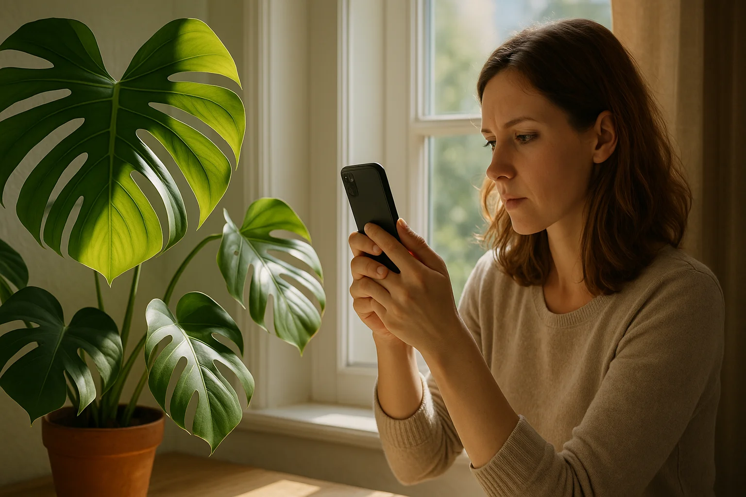 A woman photographs Monstera leaves by the window, where sunlight highlights the leaf veins.