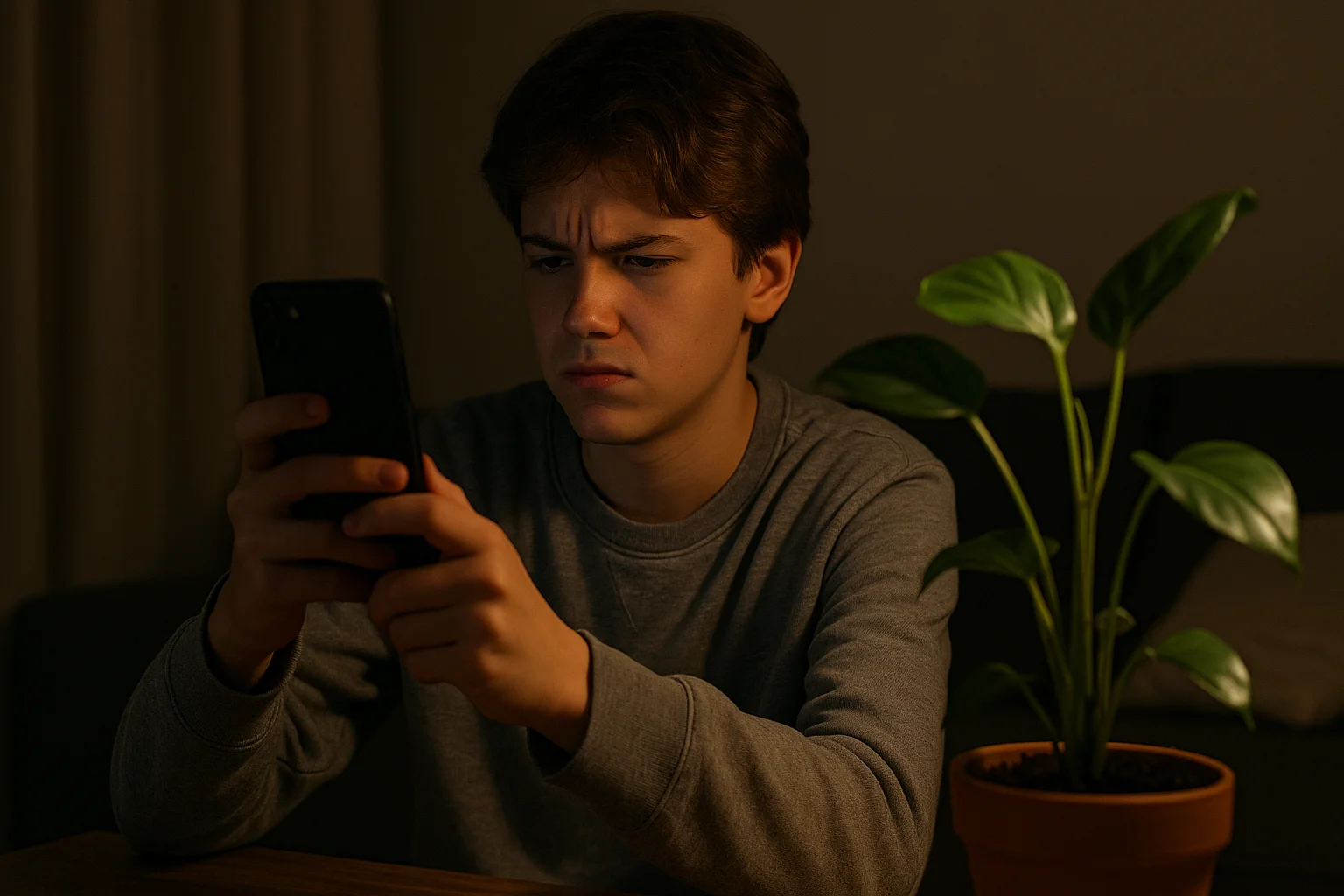 A teenager struggles to capture a clear plant photo in dim evening light, showing mild frustration.