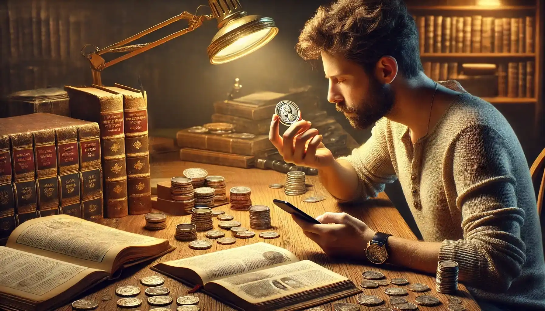 A coin collector is sitting at a wooden table, focused on examining a rare coin with the help of an identification app. 