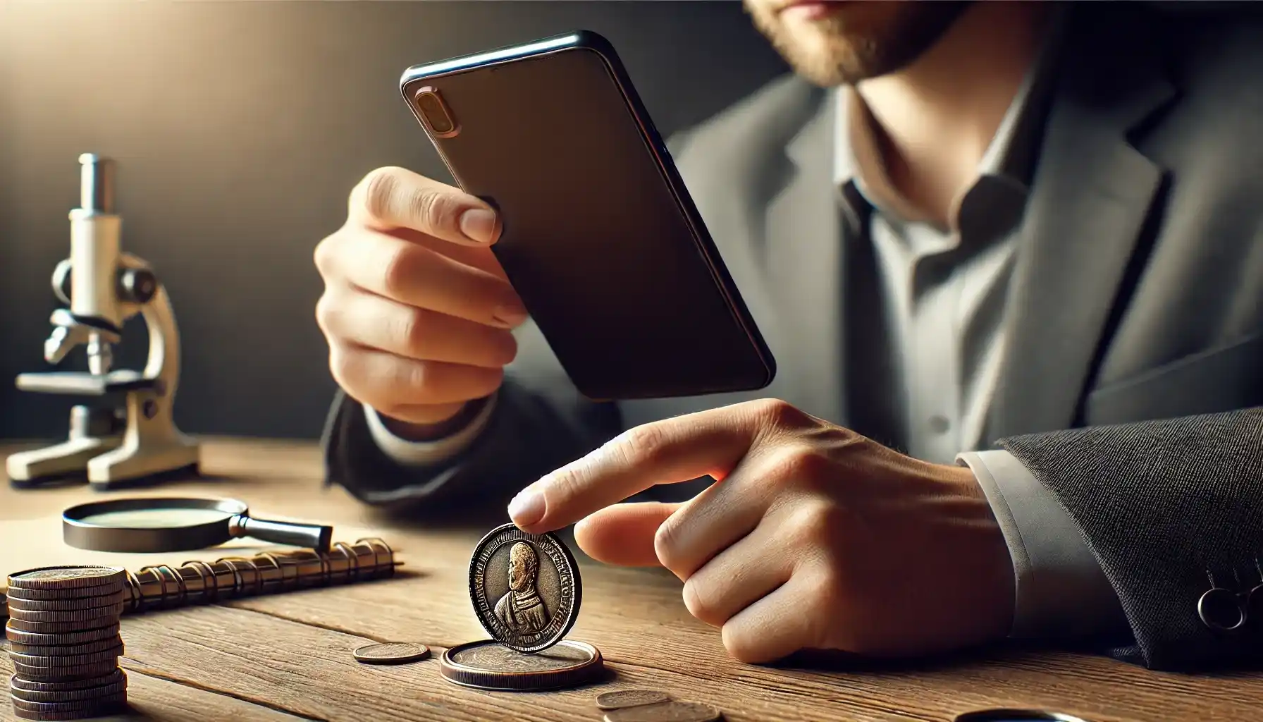 A man is scanning an antique coin using his smartphone camera. 
