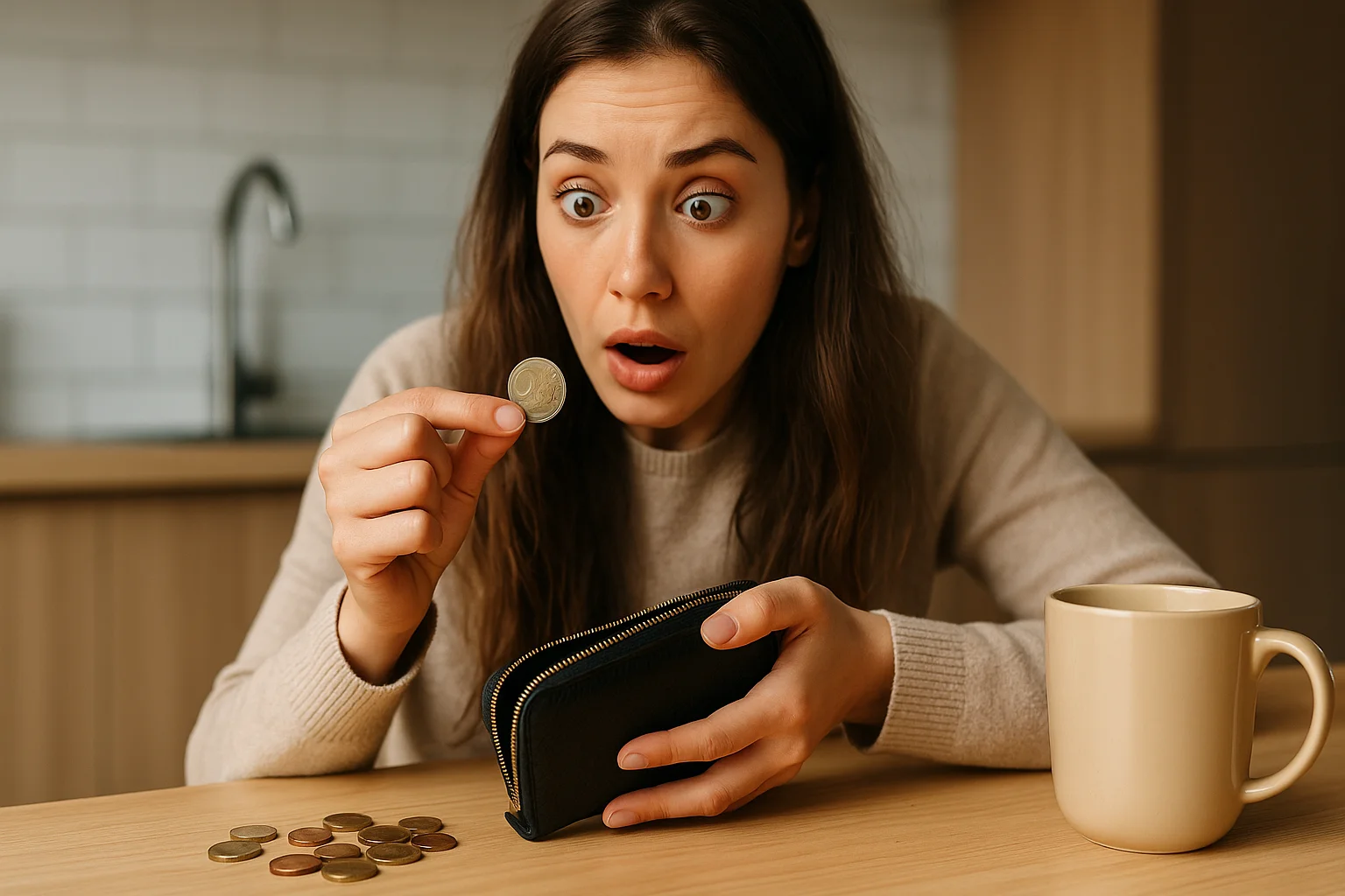 A surprised woman discovers an unusual 2-euro coin in her wallet, realizing it might be a valuable rarity.