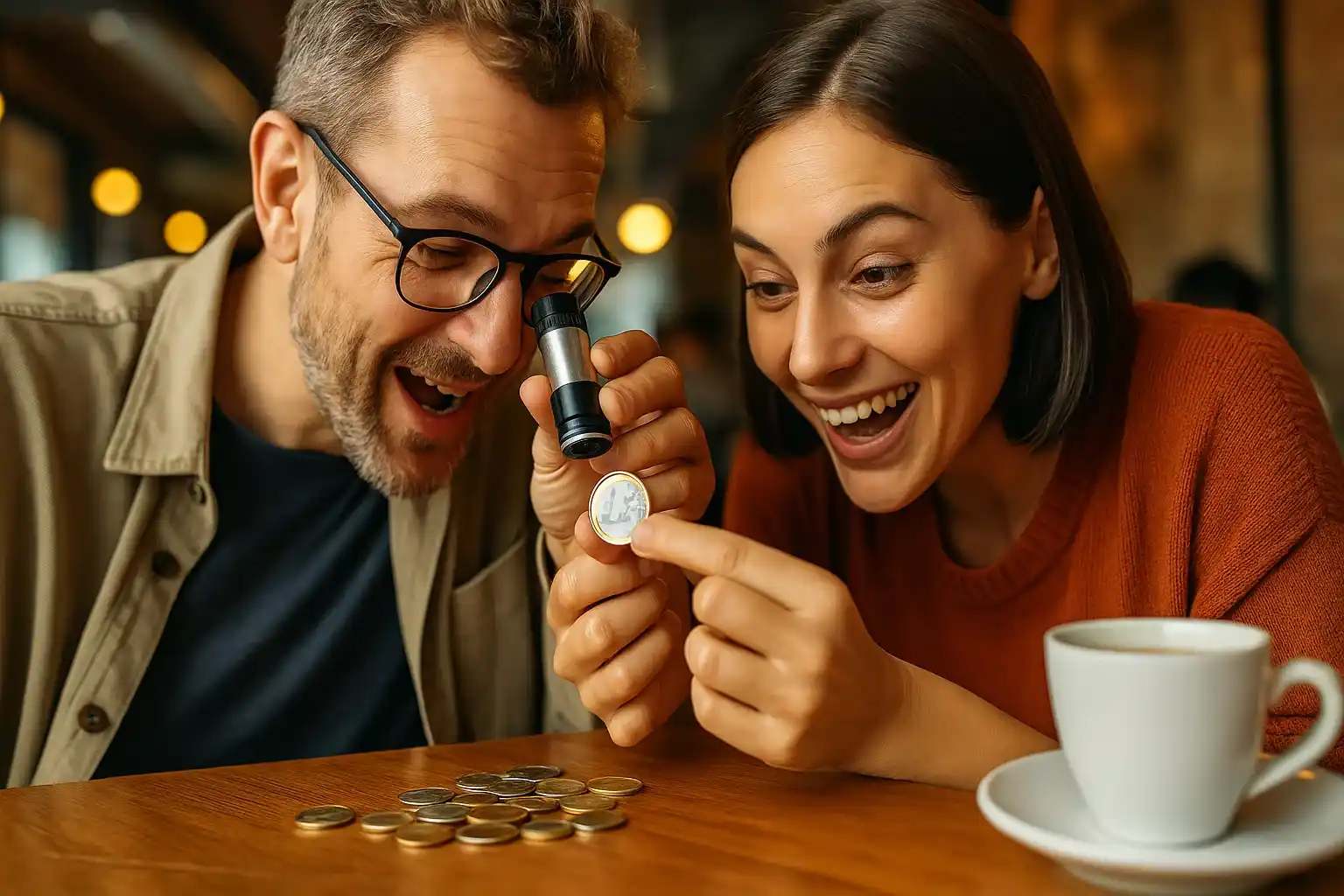 Two collectors excitedly examine a rare 2-euro coin with a pocket microscope while discussing its details in a café.