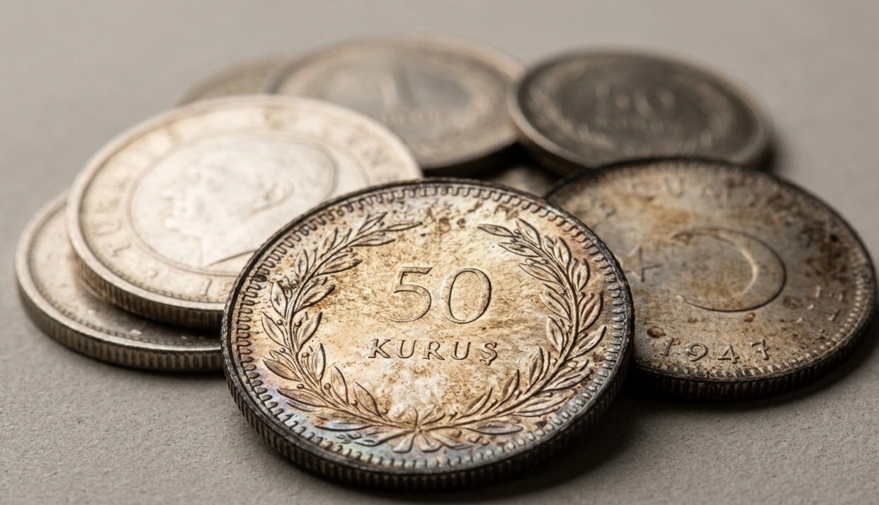 Close-up of Turkish coins
