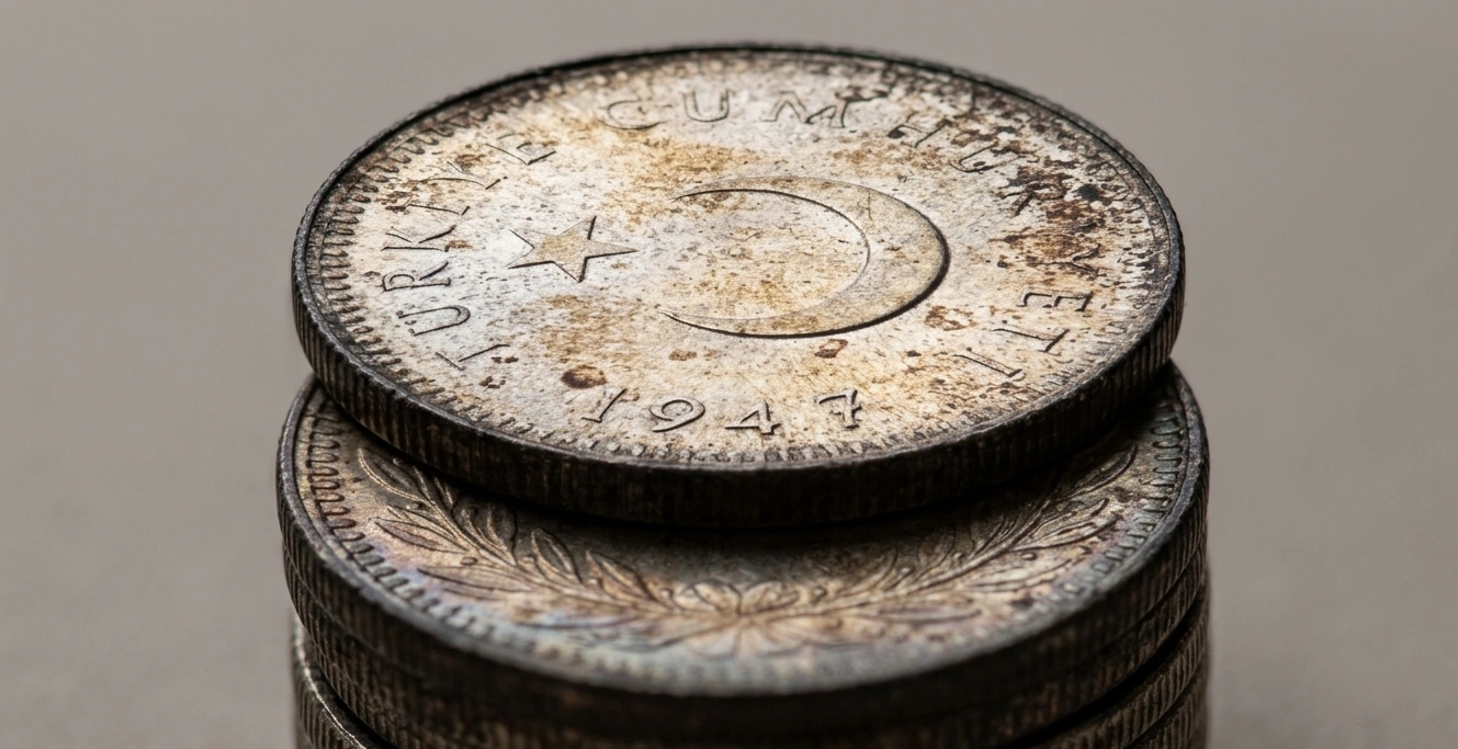 Detailed close-up of Turkish coins stack